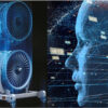 Representación digital de un motor a reacción junto al perfil de una cabeza humana de datos, simbolizando la interacción entre inteligencia artificial y tecnología avanzada
