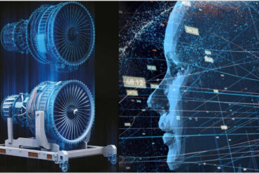 Representación digital de un motor a reacción junto al perfil de una cabeza humana de datos, simbolizando la interacción entre inteligencia artificial y tecnología avanzada