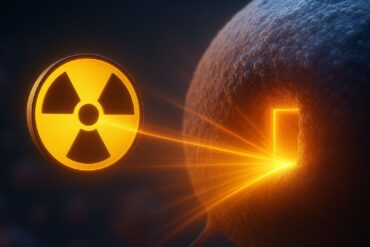 Símbolo de radiación nuclear brillante emitiendo un haz de luz intenso hacia una pequeña puerta rectangular en la superficie de una esfera oscura y texturizada, con un ambiente de tonos anaranjados y azules que sugiere energía o peligro.
