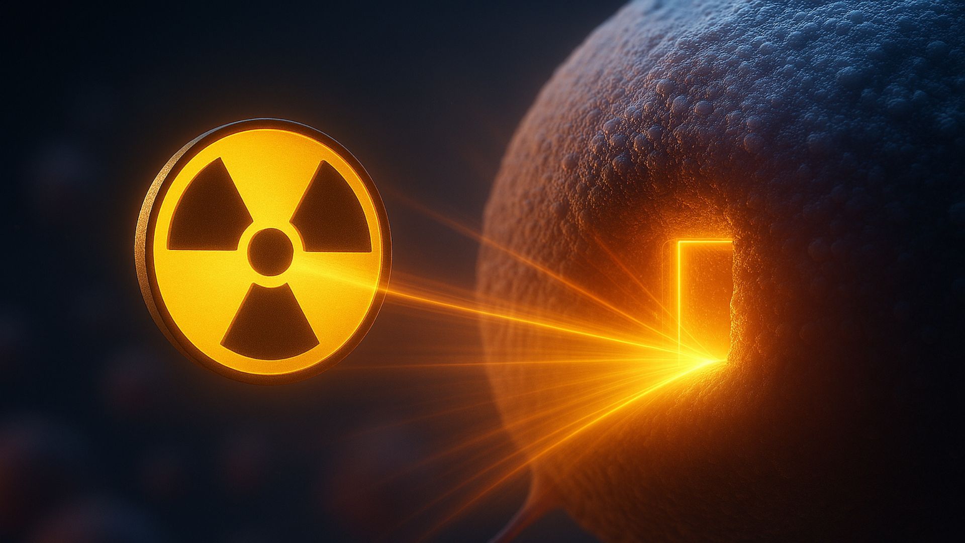 Símbolo de radiación nuclear brillante emitiendo un haz de luz intenso hacia una pequeña puerta rectangular en la superficie de una esfera oscura y texturizada, con un ambiente de tonos anaranjados y azules que sugiere energía o peligro.